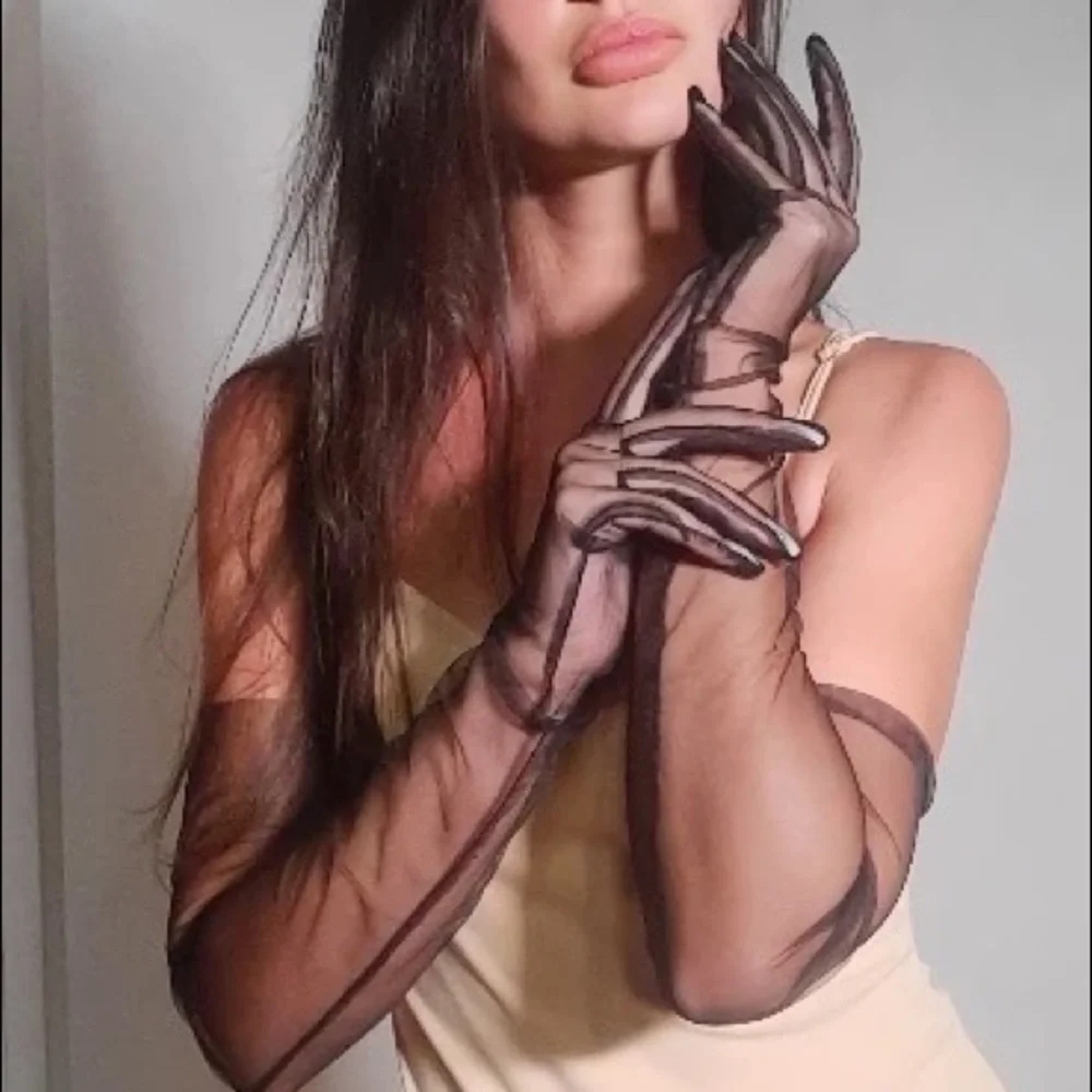Mesh Kink Long Tulle Crumbling Taffeta Black High Gloves Transparent